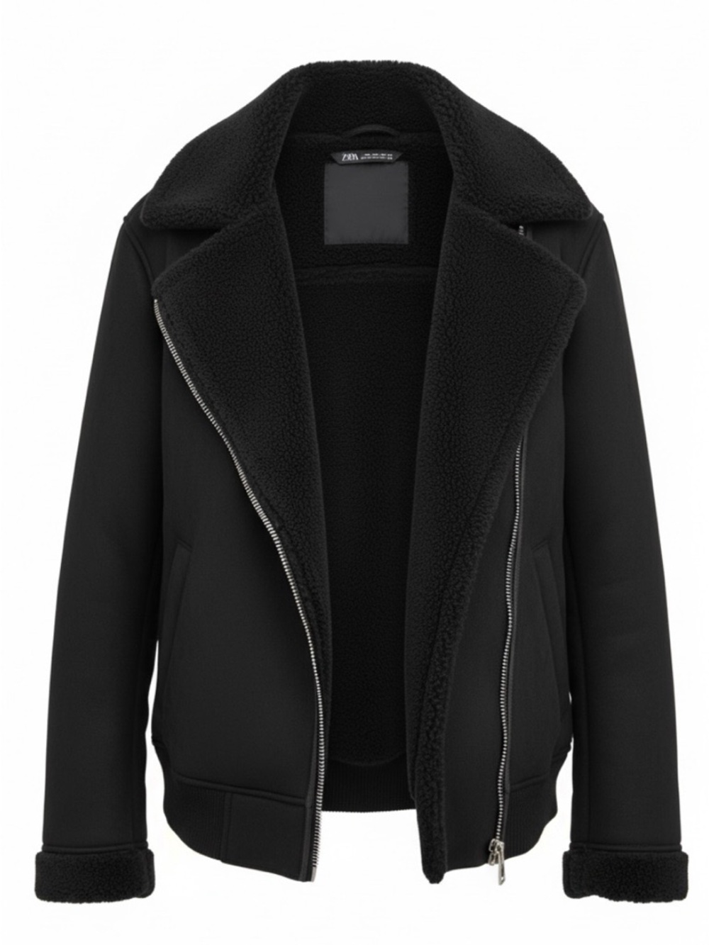 Zara Black Bomber Jacket with Sherpa Collar - Picture 2 of 4